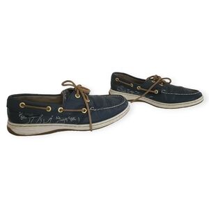 Sperry Topsiders Navy Bluefish Critter Print 2-Eyed Leather Boat Shoe Size 7.5